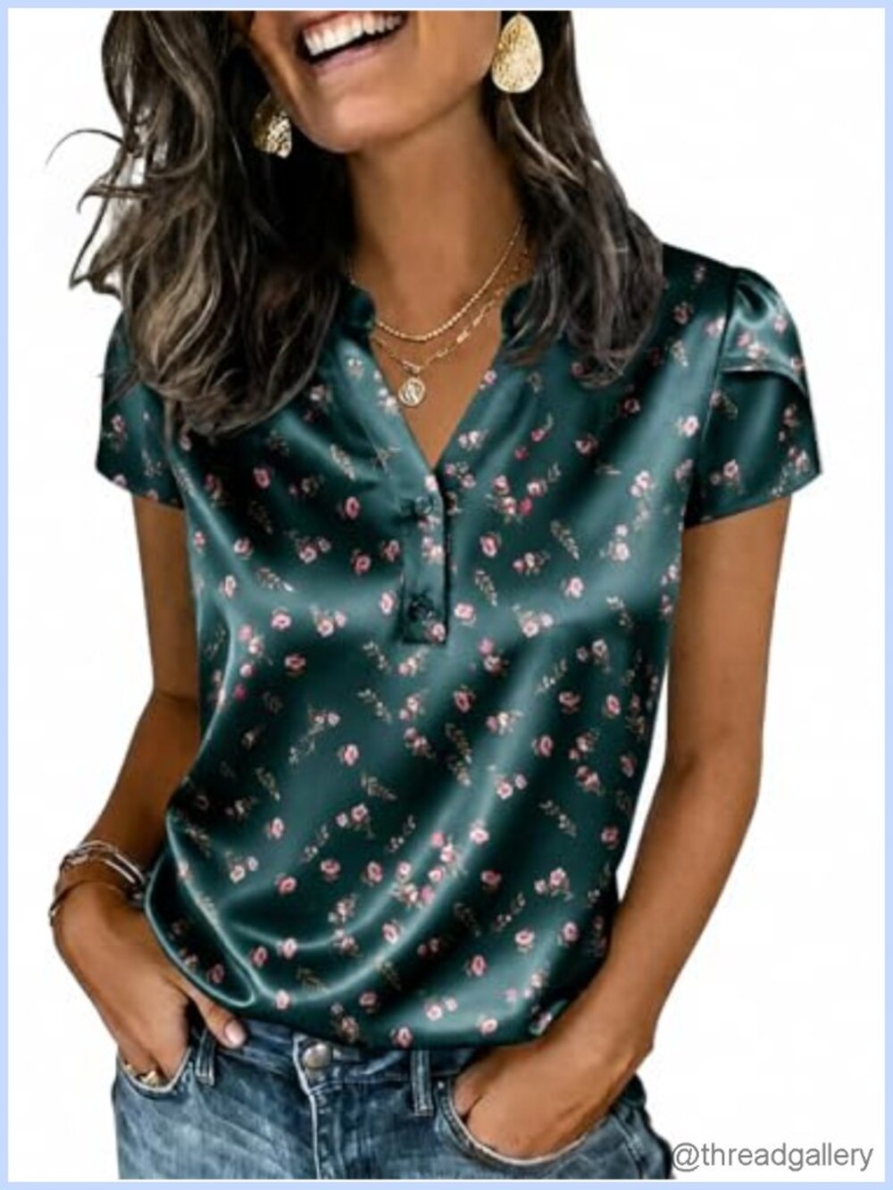 Women's Satin V-Neck Button-Down Blouse Short Sleeve Business Top